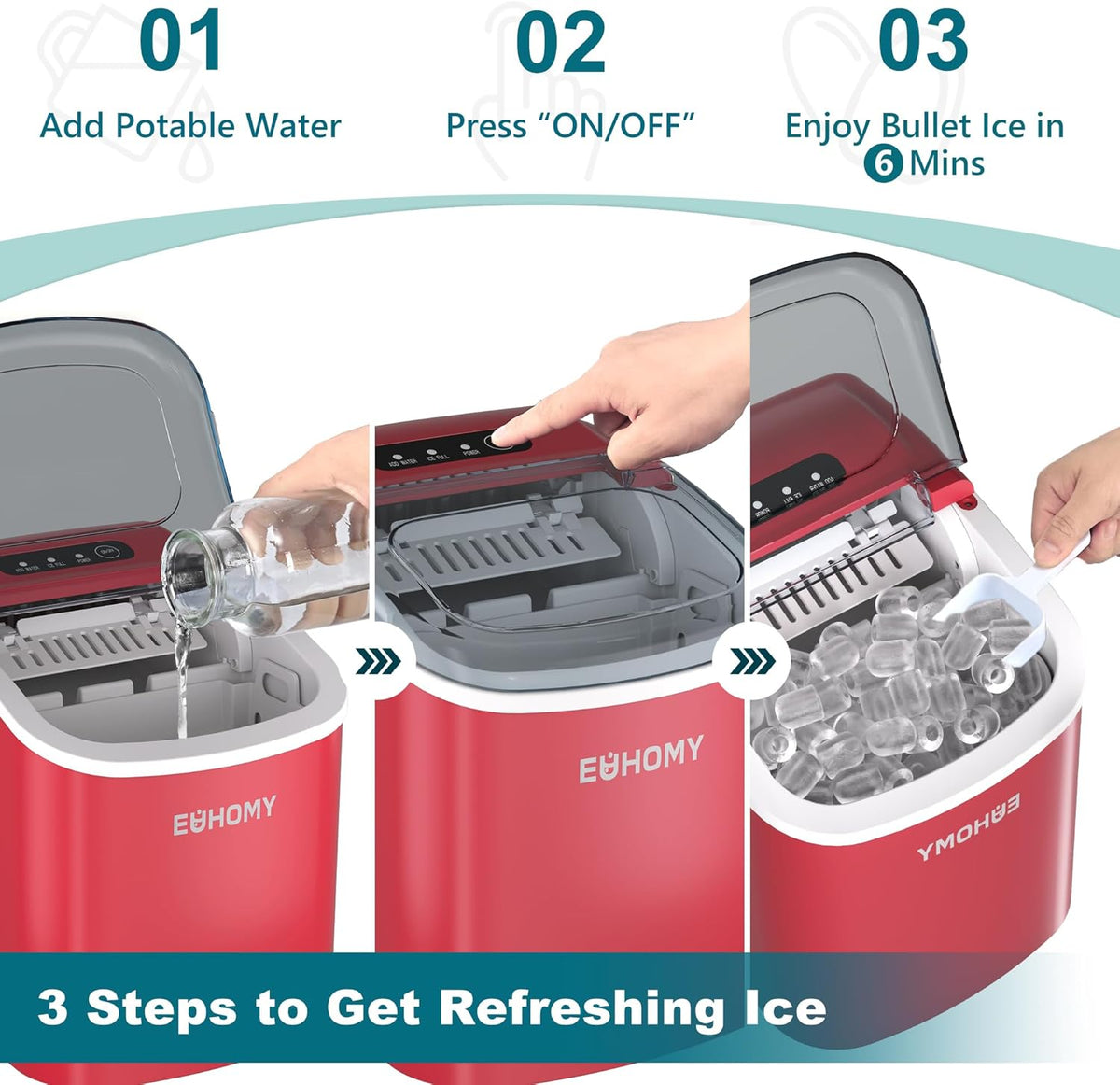 EUHOMY Countertop Ice Maker Machine with Handle, 26lbs Per Day, 9 Ice Cubes Ready in 6 Mins