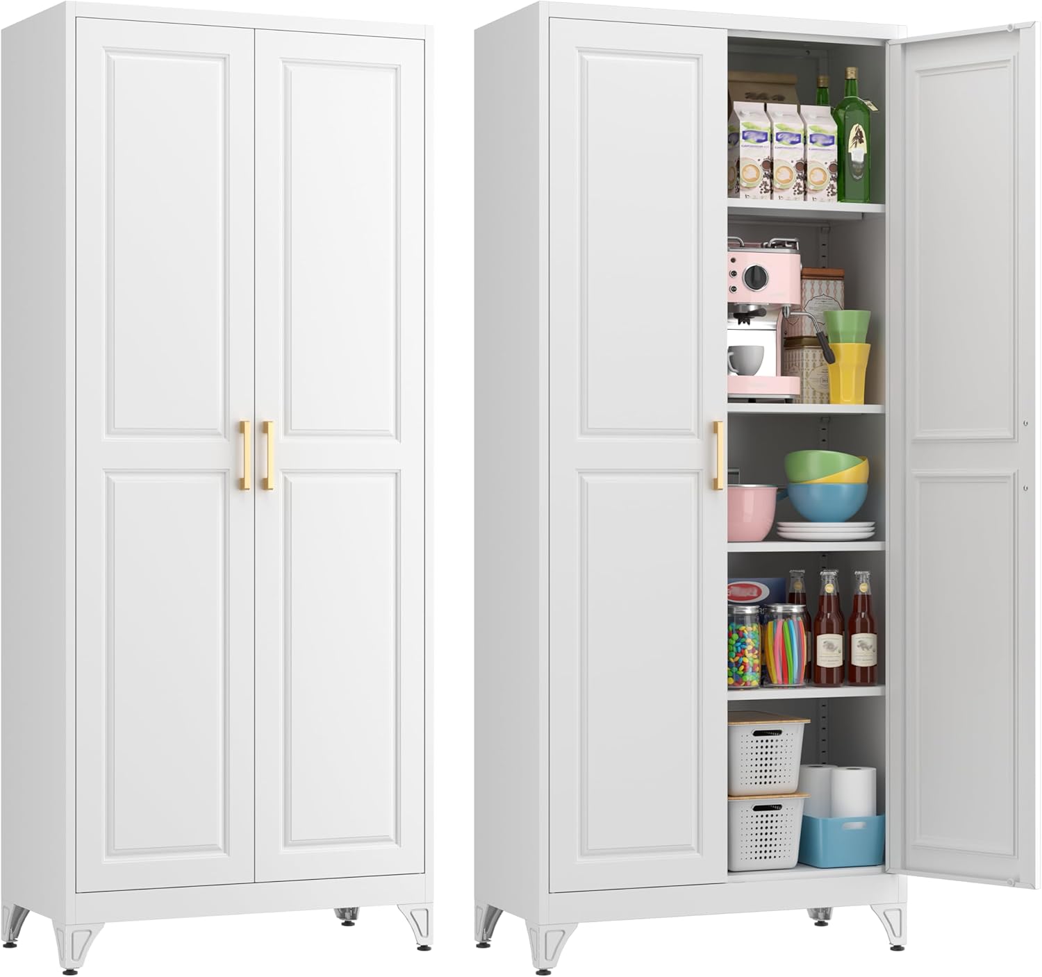 75" Kitchen Pantry Cabinet, White Metal Storage Cabinets with 2 Doors and 4 Adjustable Shelves