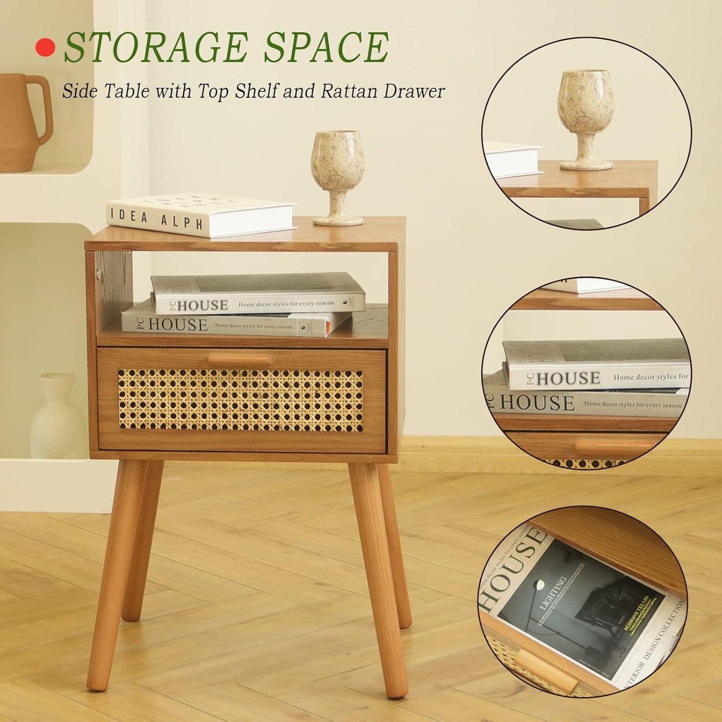 MaxSmeo Mid Century Modern Nightstand with Drawer, Small Nightstand Bedside Table, Rattan