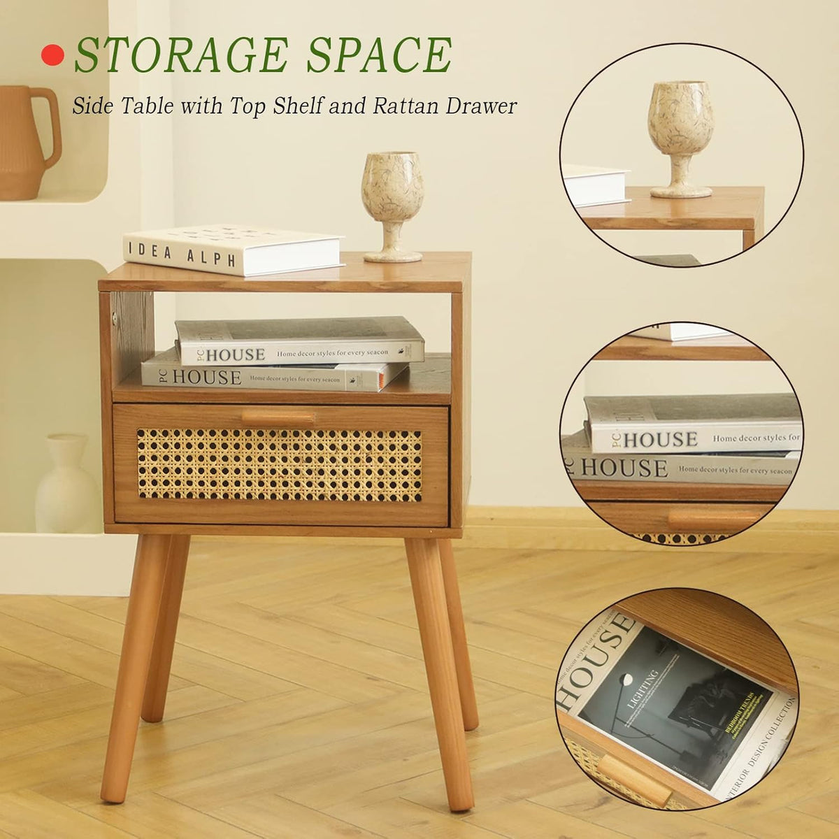 MaxSmeo Mid Century Modern Nightstand with Drawer, Small Nightstand Bedside Table, Rattan