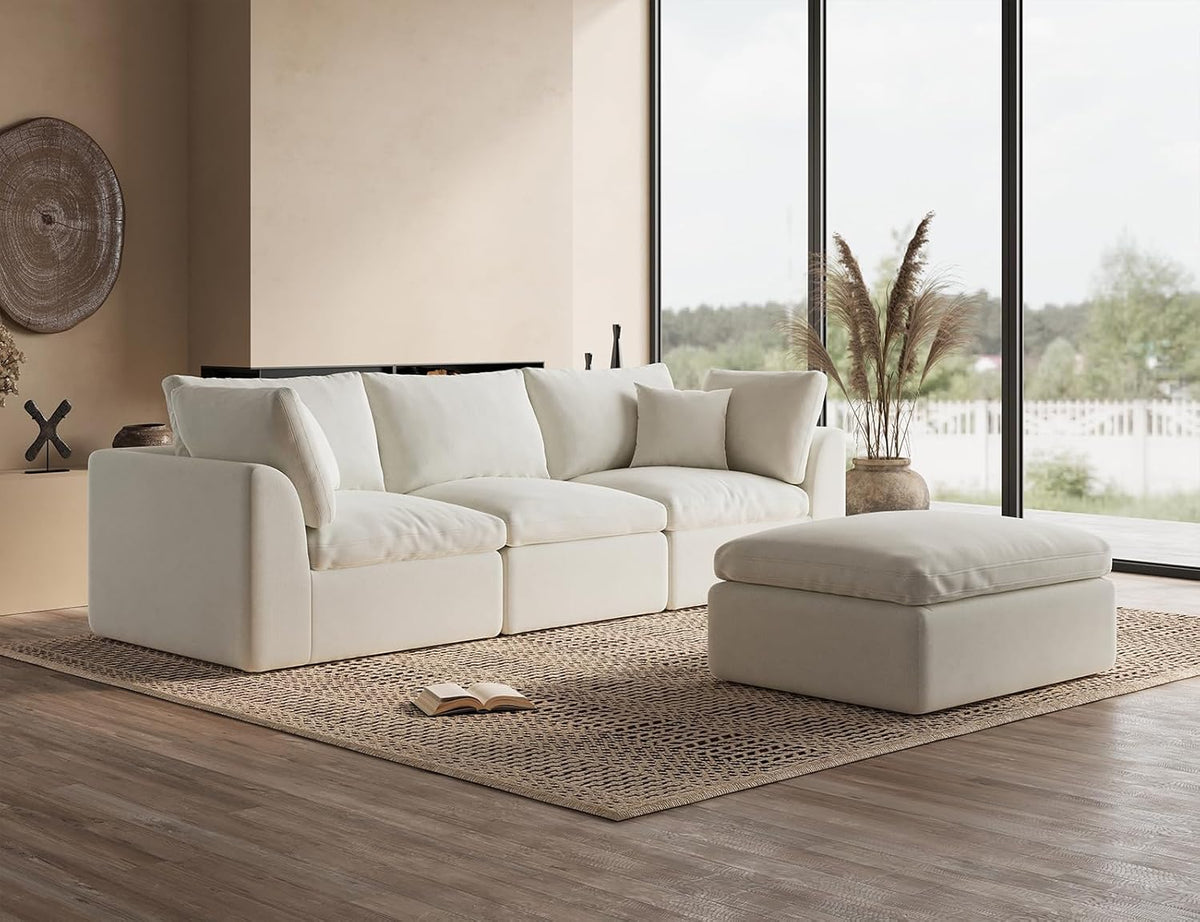 110" Cloud Sectional Couches for Living Room, Convertible L-Shape Couch with Ottoman, 3 Seater