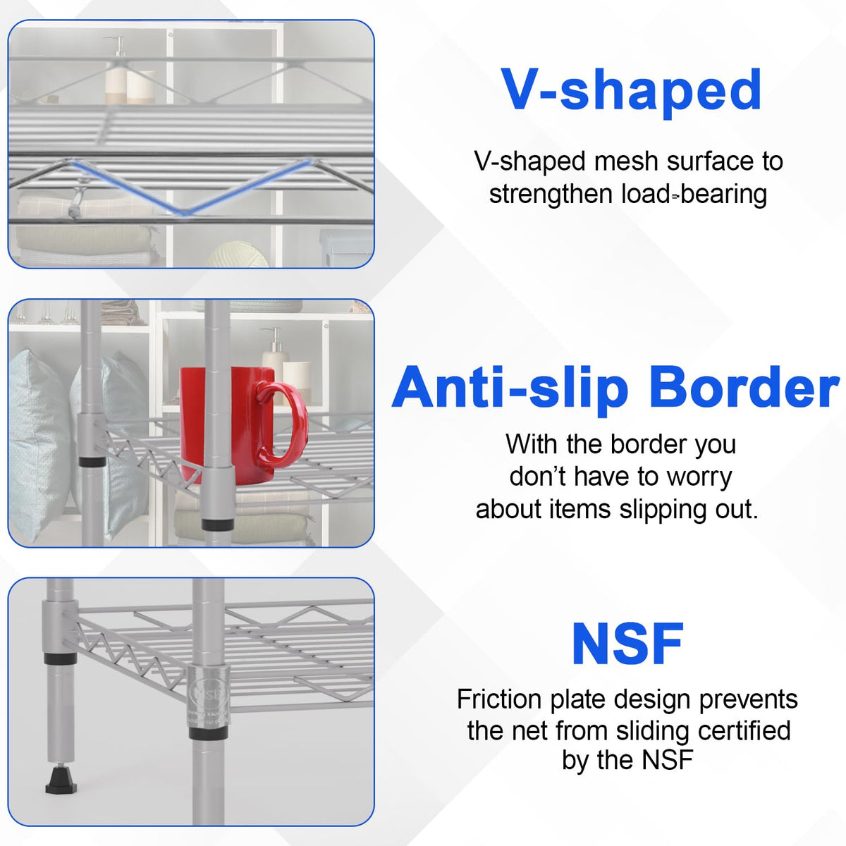 Metal Frame Storage Shelves 5-Tier Wire Shelving NSF Certified Storage Rack Shelf Heavy Duty