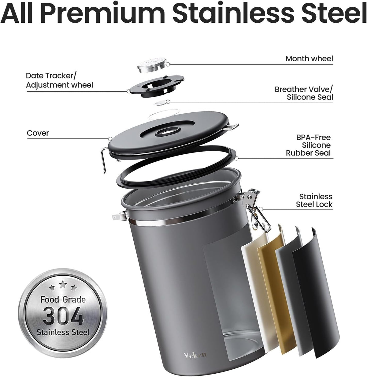 Veken Coffee Canister, 39OZ Large, Airtight Stainless Steel Food Storage Container for 2.2lbs