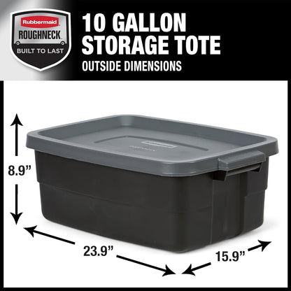 Rubbermaid Roughneck Tote 10 Gal, 6 Pack, Made in USA, Black & Gray, Rugged Plastic Stackable