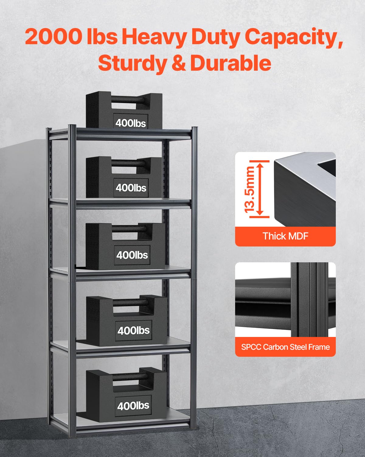 VEVOR Storage Shelves, 2000 lbs, 5 Tier Garage Storage Shelving, 18" D x 32" W x 72" H Adjustable