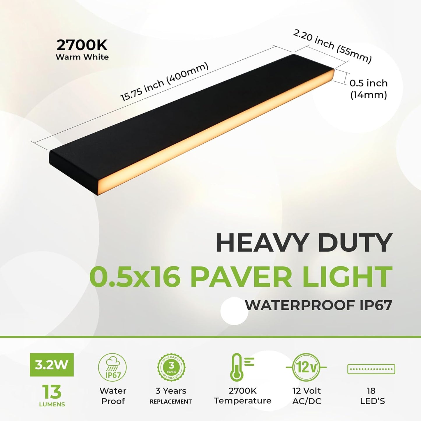 LUMENGY Paver Light Slim 0.5x16 Inch Glare-Free 2700K Warm White, Steel Brick Lighting for Pavers