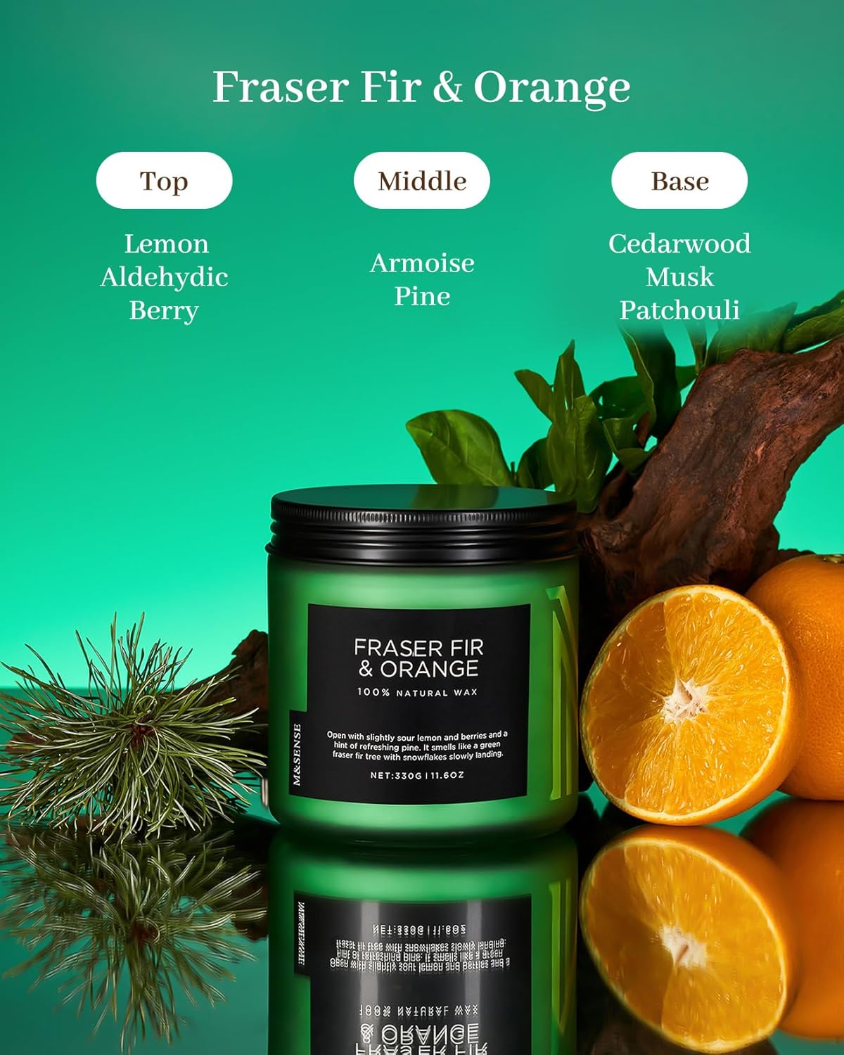 M&SENSE Fir & Orange Scented Candle, 11.6oz Soy Wax Non Toxic for Home Up to 70 Hours, 2 Cotton