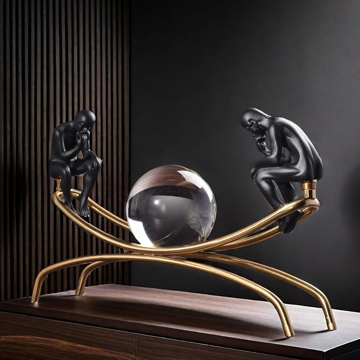 The Thinker Thinking Man Statue with Crystal Ball Sculpture Figurine, Home Office Living Room