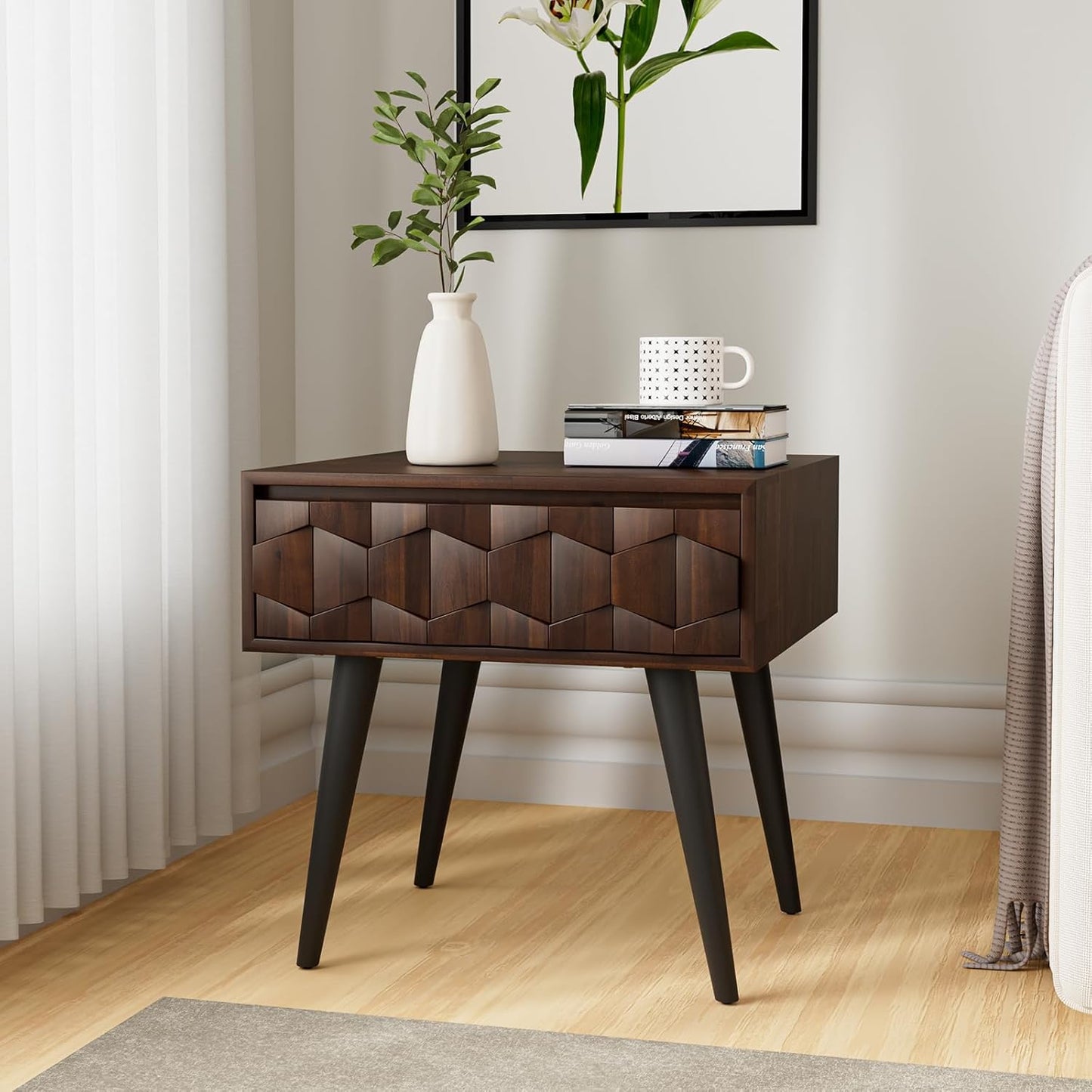 Bme Georgina Solid Wood Nightstands with Drawers - Fully Assembled Rustic Geometric Pattern Bedside