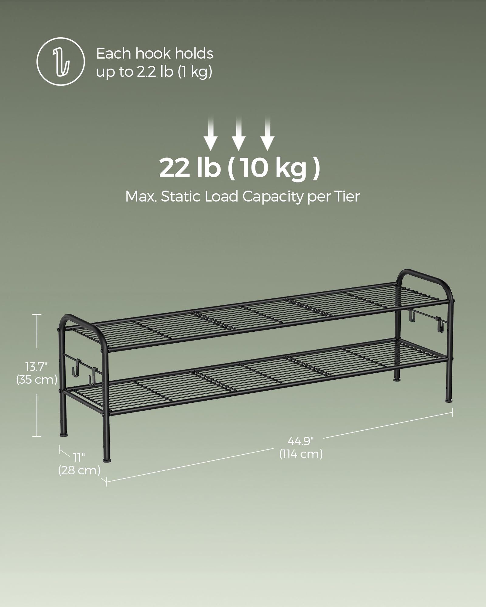 SONGMICS Shoe Rack, 2-Tier Shoe Organizer, Metal Shoe Shelf Storage with 4 Side Hooks, Holds 18
