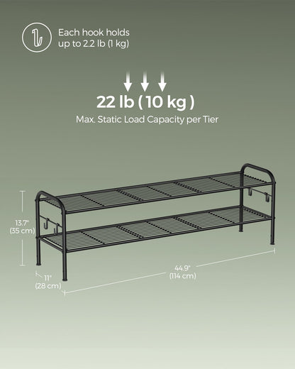 SONGMICS Shoe Rack, 2-Tier Shoe Organizer, Metal Shoe Shelf Storage with 4 Side Hooks, Holds 18