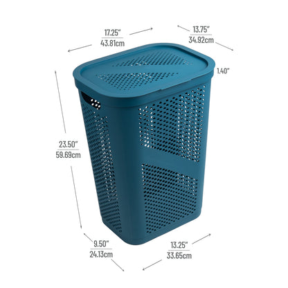 Mind Reader Slim Laundry Hamper with Lid, 60L Clothes Basket, Ventilated Plastic, Blue