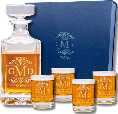 Gifts Inscribed Personalized Whiskey Decanter Set - Engraved Whiskey Decanter Bottle & Set of 4