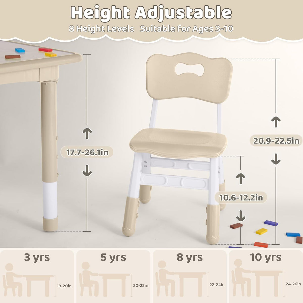 Kids Table and 2 Chairs Set, Height Adjustable (17.7"-26.1") Toddler Table and Chair Set