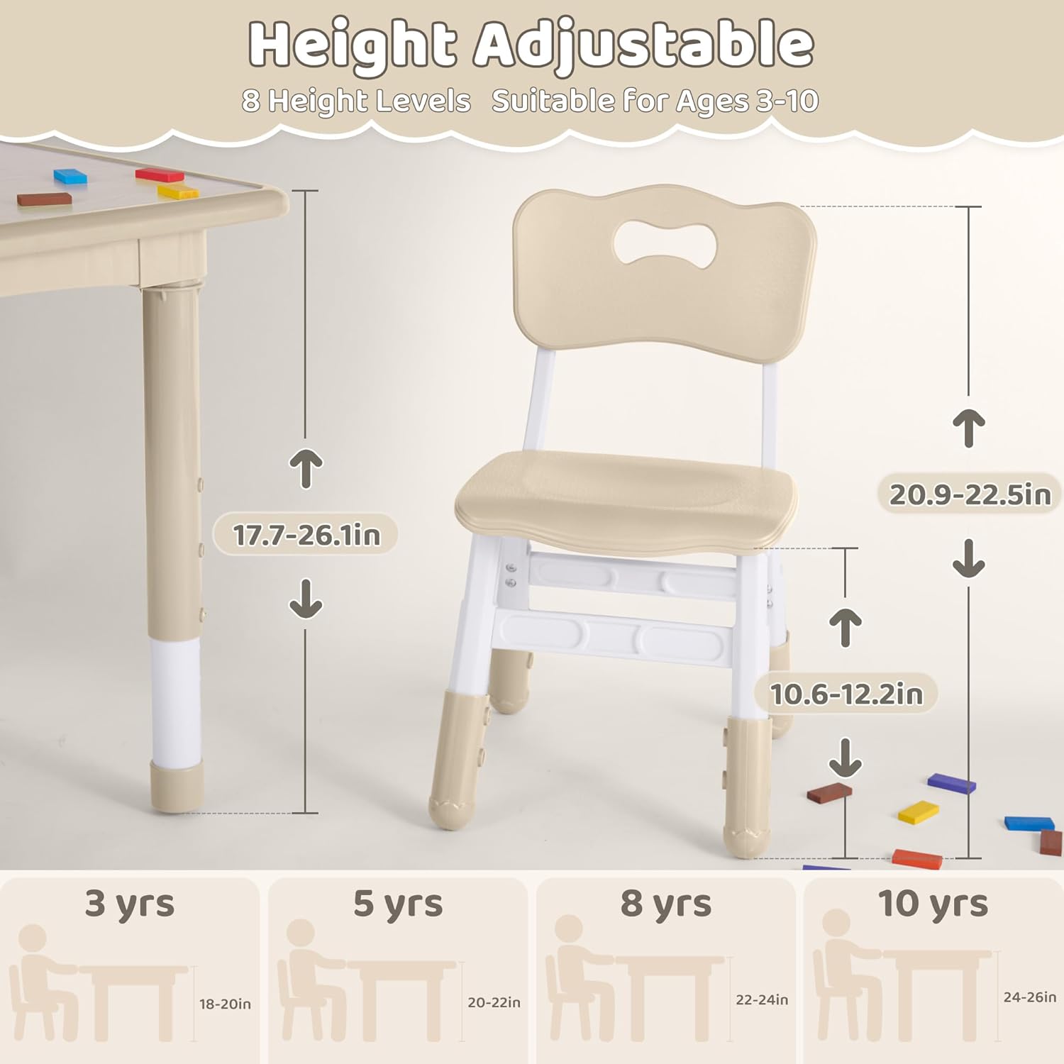 Kids Table and 2 Chairs Set, Height Adjustable (17.7"-26.1") Toddler Table and Chair Set