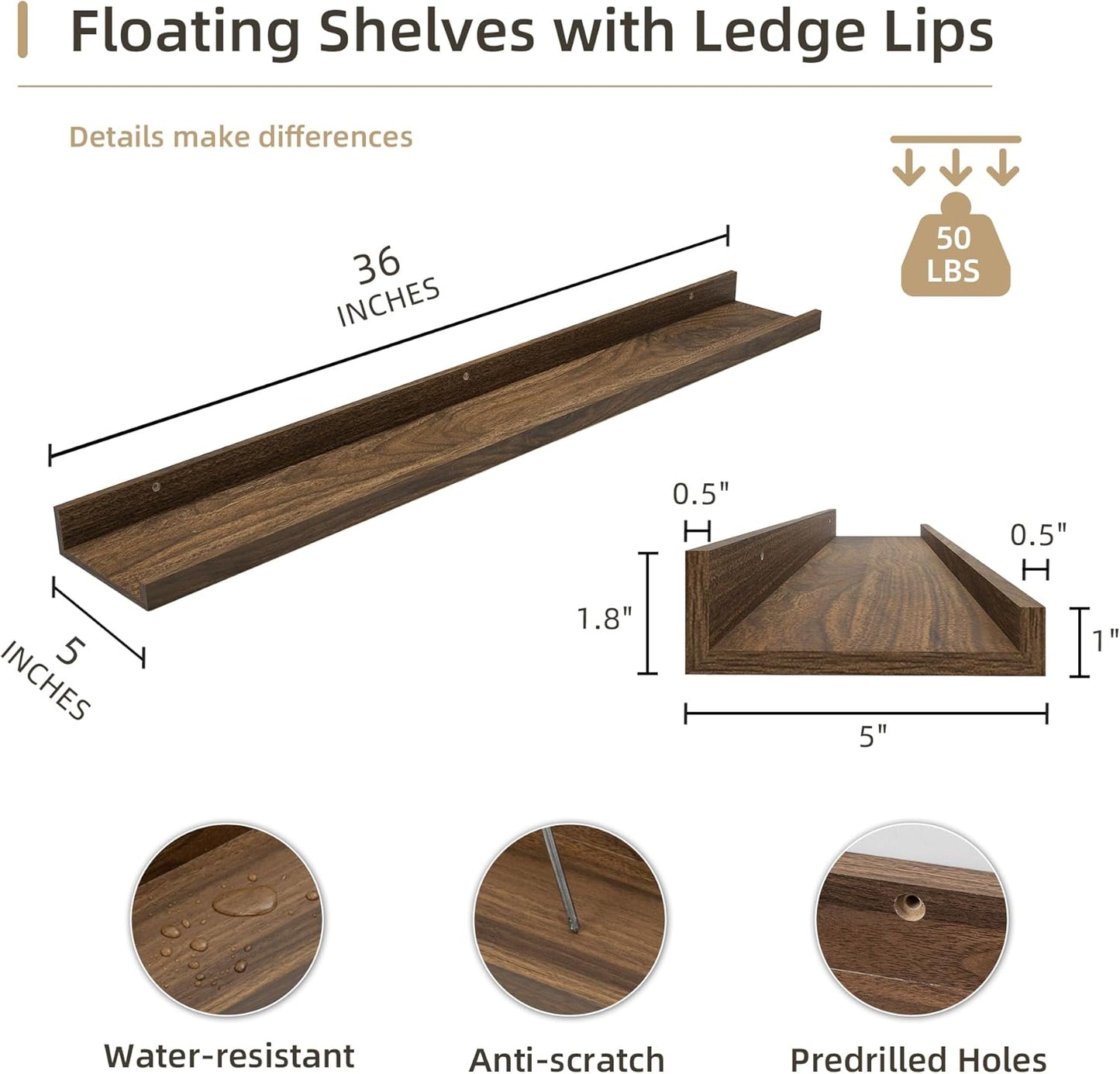 Picture Ledge Shelf, Wood Floating Shelves Set of 2, 36 inch Picture Ledge Shelves, Photo Ledge