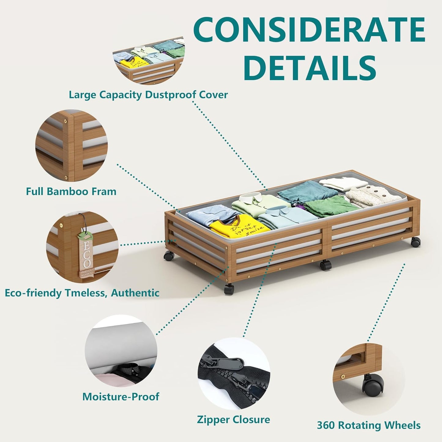 Bamboo Under Bed Storage Containers- Underbed Organizer with Wheels with Large Dust Bag,Sturdy Wood