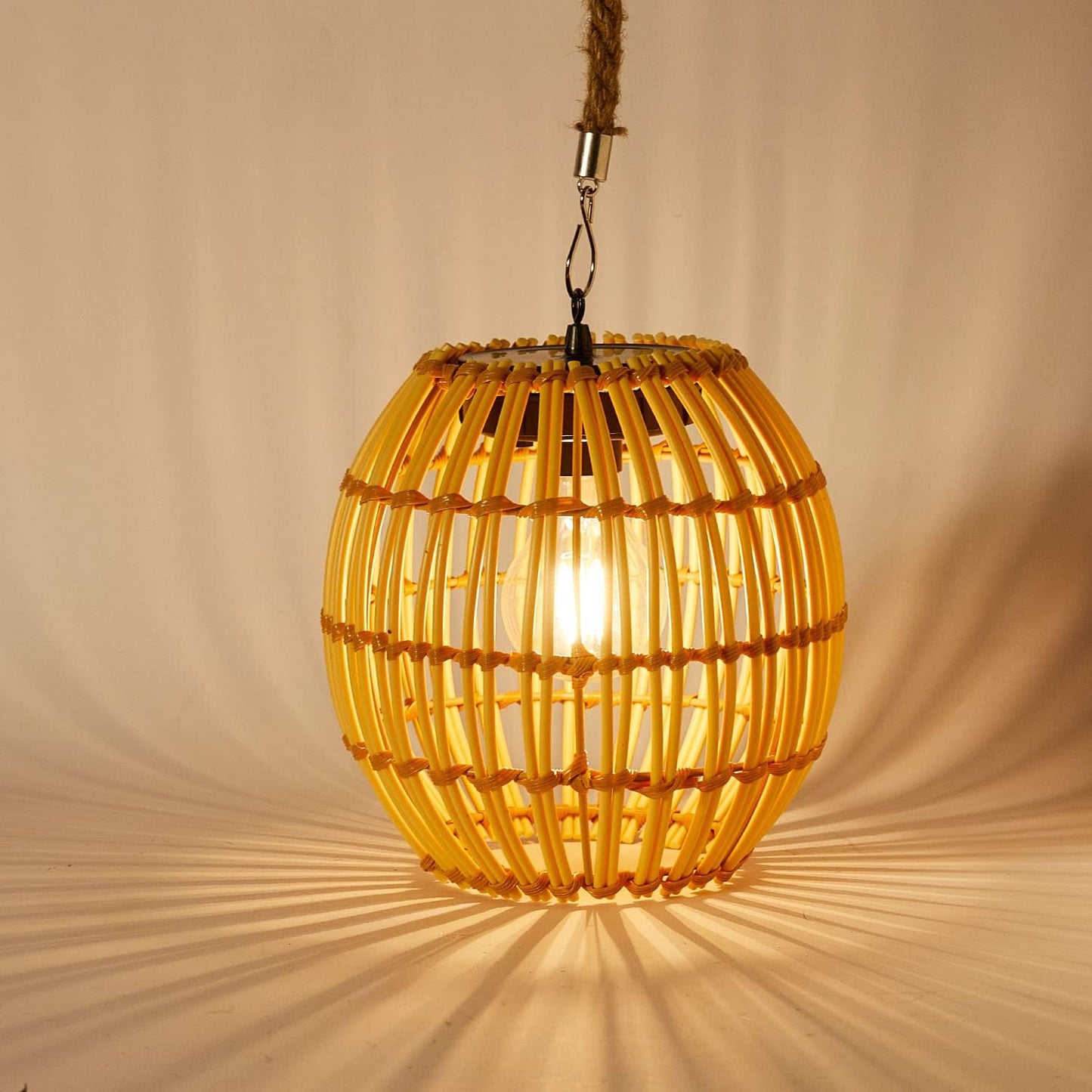 Livinlarge Hanging Solar Lantern Outdoor Waterproof, Large Solar Rattan Lantern Outdoor with Twine