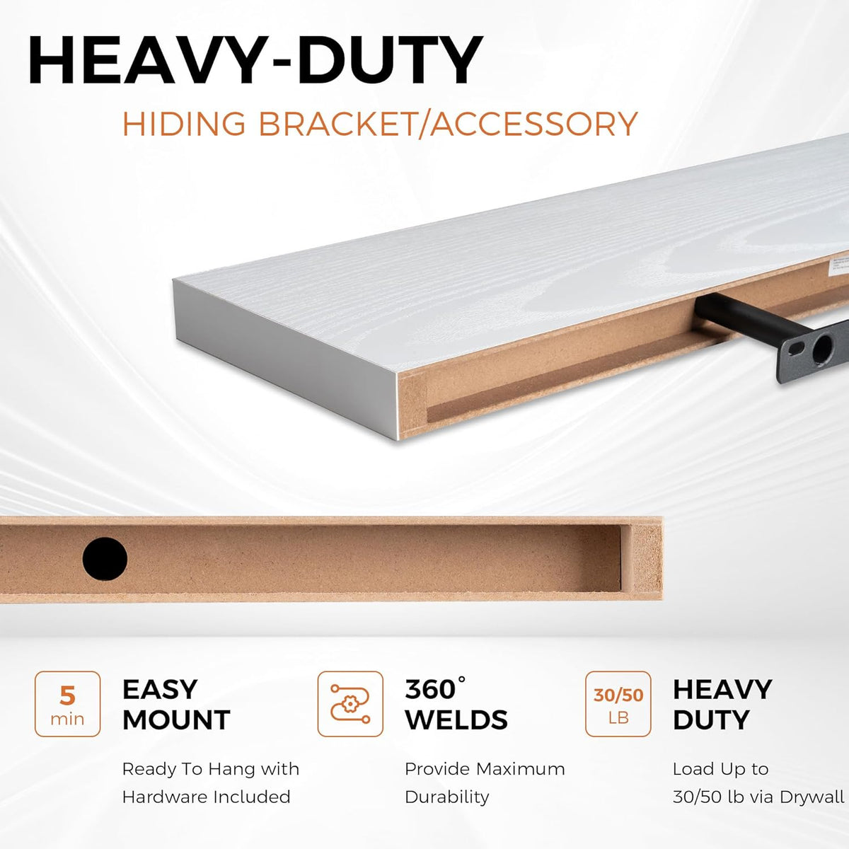White Floating Shelves for Wall, 48 Inch Floating Shelves for Home Decor, Wall Mounted Rustic Wood