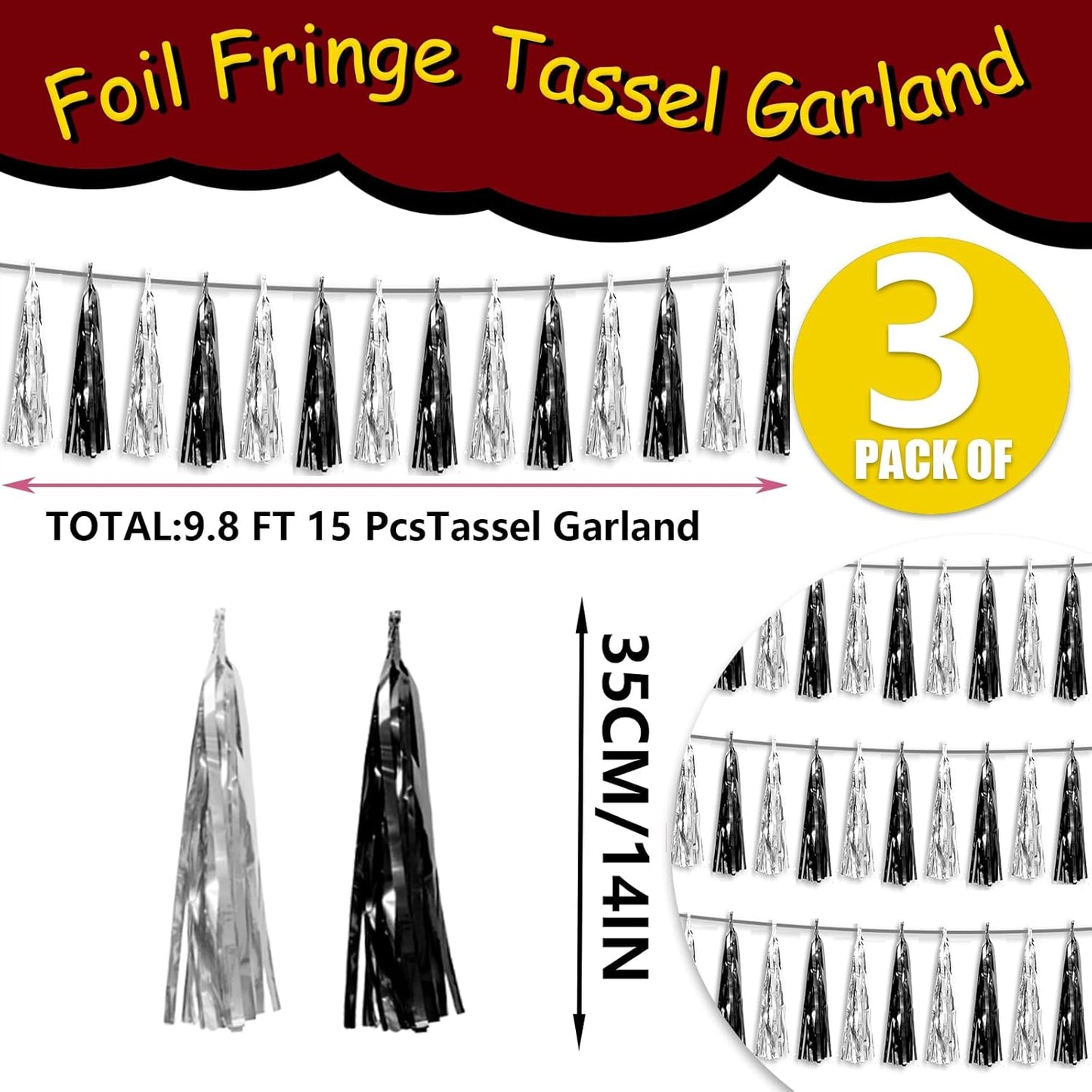 3P Black Silver Foil Fringe Metallic Tassel Streamers Banner Tassel Garland for Parade Floats