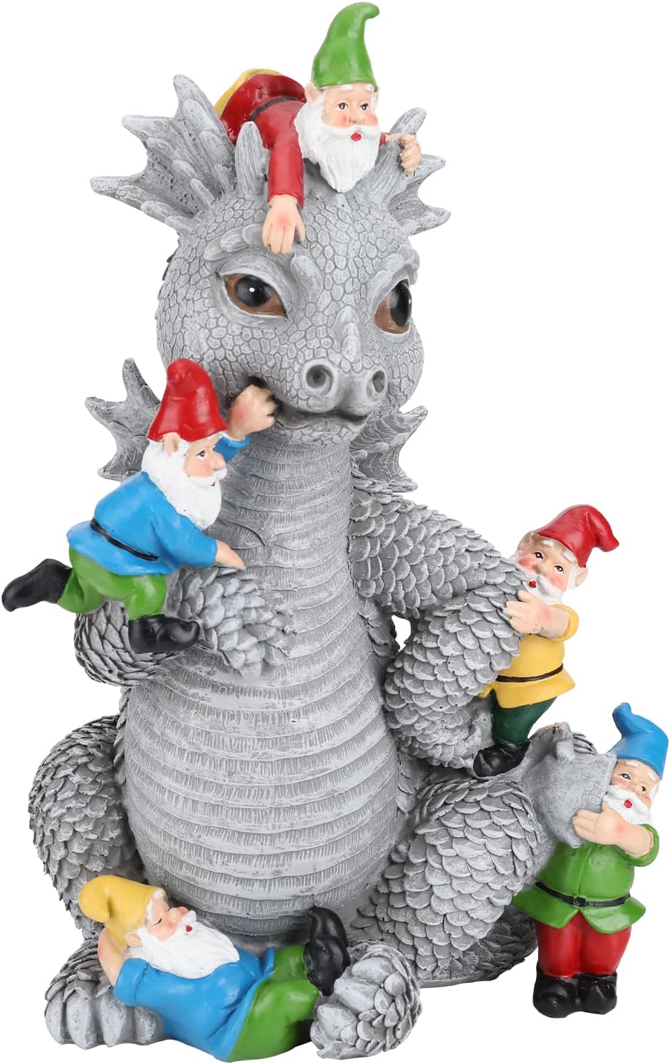 Dragon Gnome Statues Outdoor Decor, 13” Dinosaur Play with Gnomes Garden Statue, Outdoor Statue for