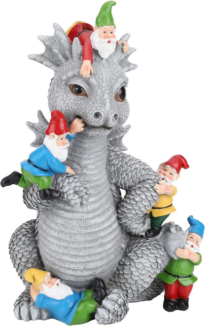 Dragon Gnome Statues Outdoor Decor, 13” Dinosaur Play with Gnomes Garden Statue, Outdoor Statue for