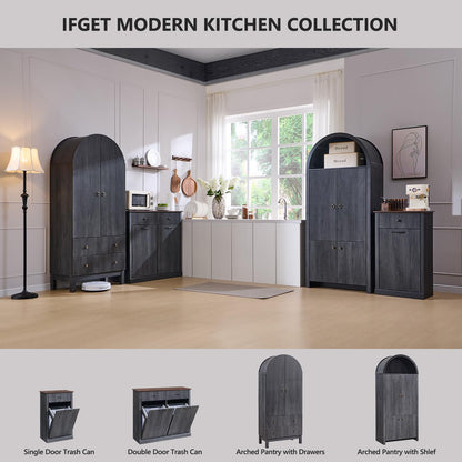 Modern Tilt-Out Trash Can Cabinet, 10 Gallon Fluted Laundry Hamper Cabinet with Drawers, Wooden
