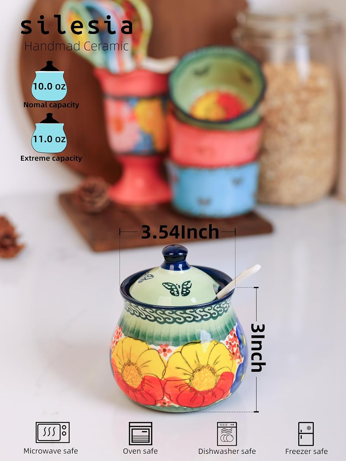 silesia Handmade Sugar Bowl with Lid and Spoon, 9 Ounce Ceramic Hand-Painted Sugar Jar for Home in