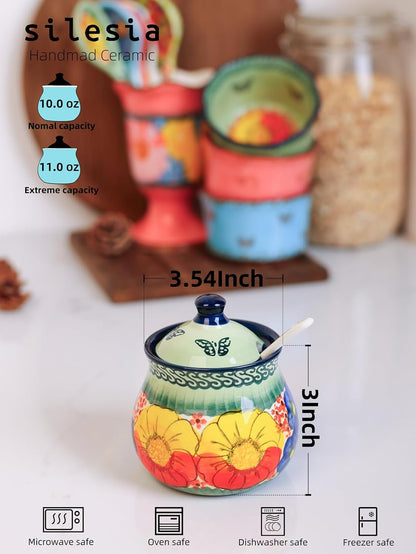 silesia Handmade Sugar Bowl with Lid and Spoon, 9 Ounce Ceramic Hand-Painted Sugar Jar for Home in