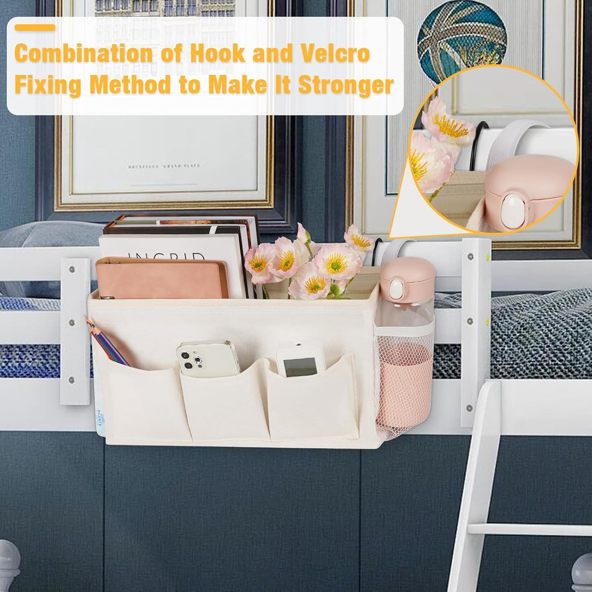 Bedside Caddy Bedside Organizer Bedside Storage Caddy with Fixed Straps and Water Bottle Holder for