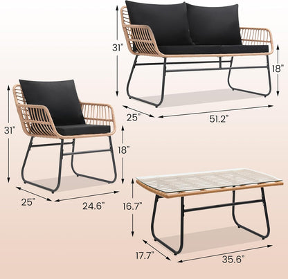 Kromax 4 Piece Patio Bistro Outdoor Furniture Set, Wicker Sofa, 2 Rattan Chairs, and Table