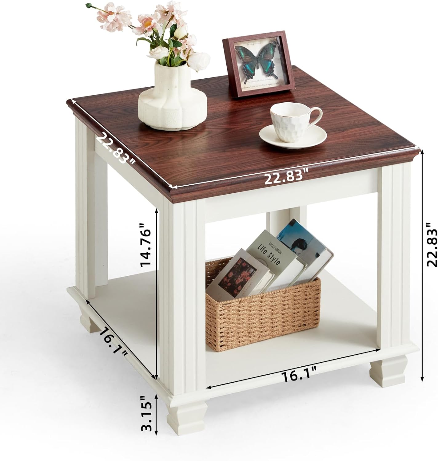 Farmhouse End Table with 2-Tier Storage Shelf, 22.8 inch Side Table for Living Room,Modern