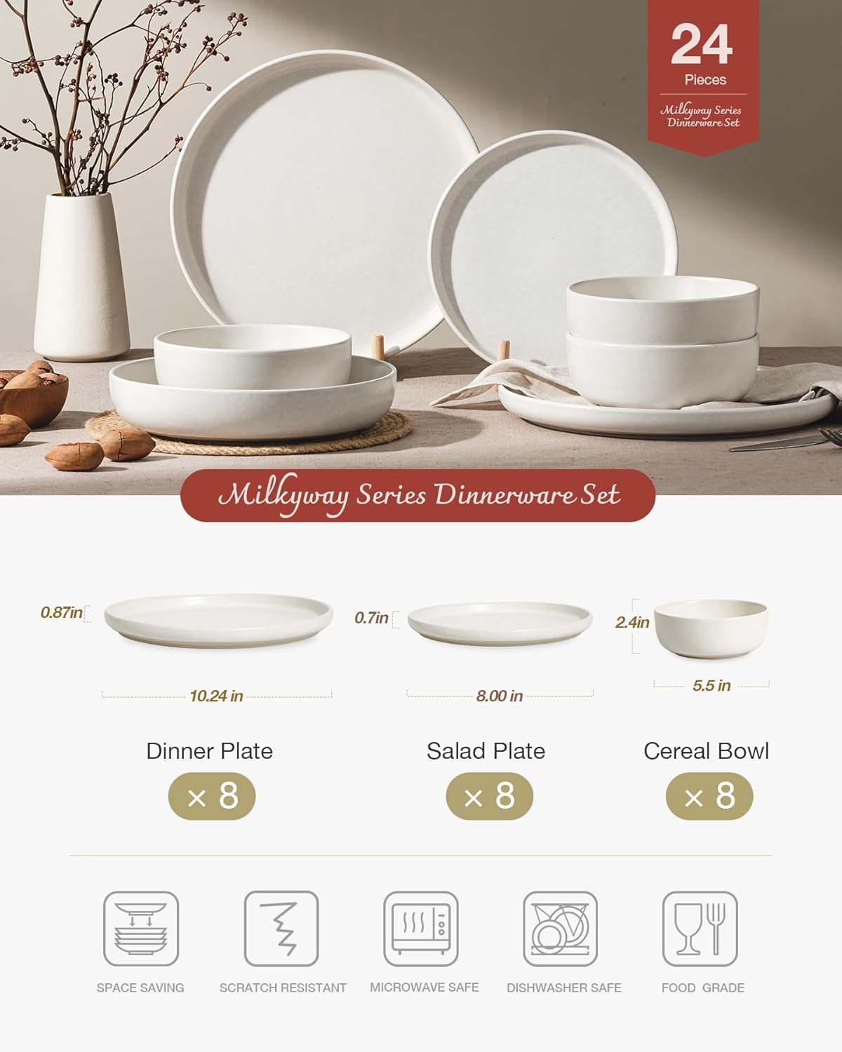 Famiware Milkyway Plates and Bowls Sets, 24 Pieces Dinnerware Sets, Reactive Glaze Dish Set