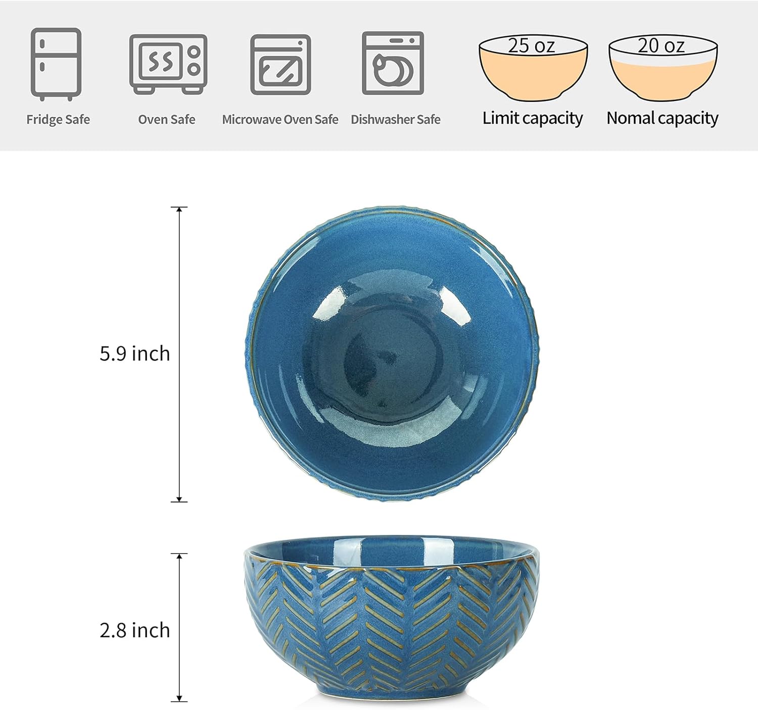 Sureasy Ceramic Cereal Bowls Set of 4-25 oz Blue Soup Bowls for Kitchen, Perfect for Soup, Pasta