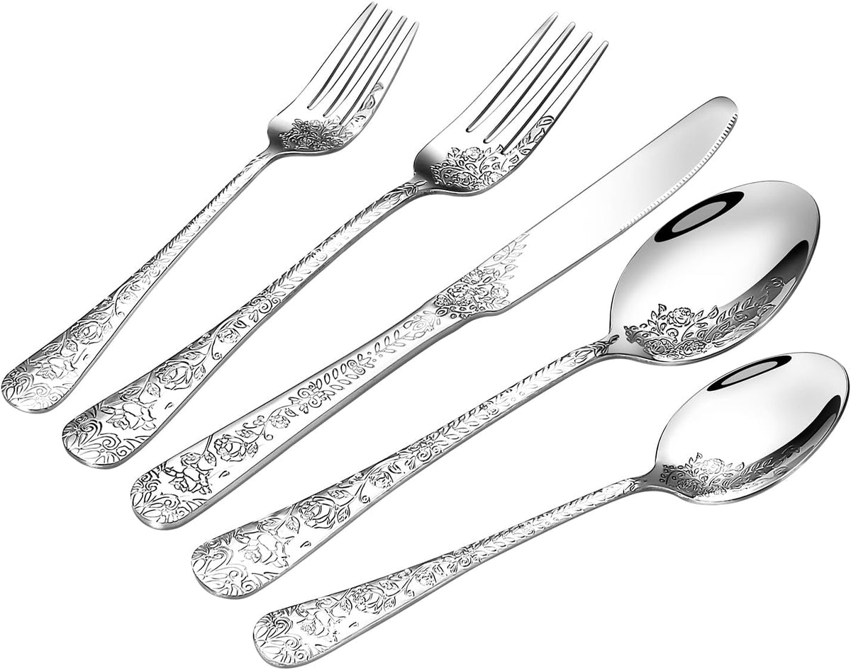 Floral 20 Pcs Silverware Set for 4, Food Grade Stainless Steel Flatware Set with Rose Flower