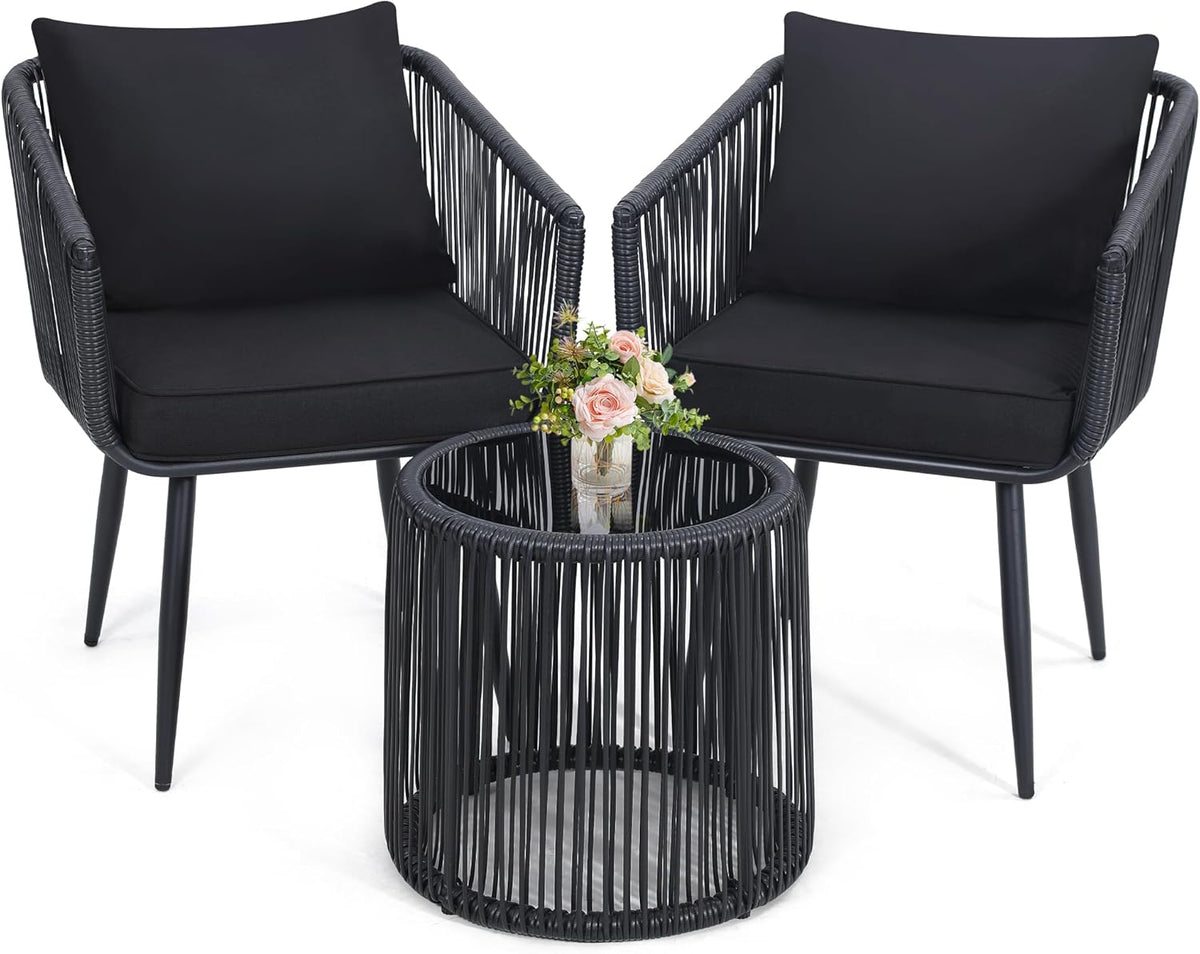 Kromax 3 Pieces Patio Rattan Bistro Conversation Set, Outdoor All-Weather Wicker Furniture Chairs