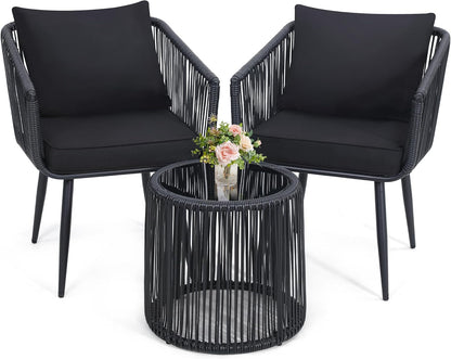 Kromax 3 Pieces Patio Rattan Bistro Conversation Set, Outdoor All-Weather Wicker Furniture Chairs