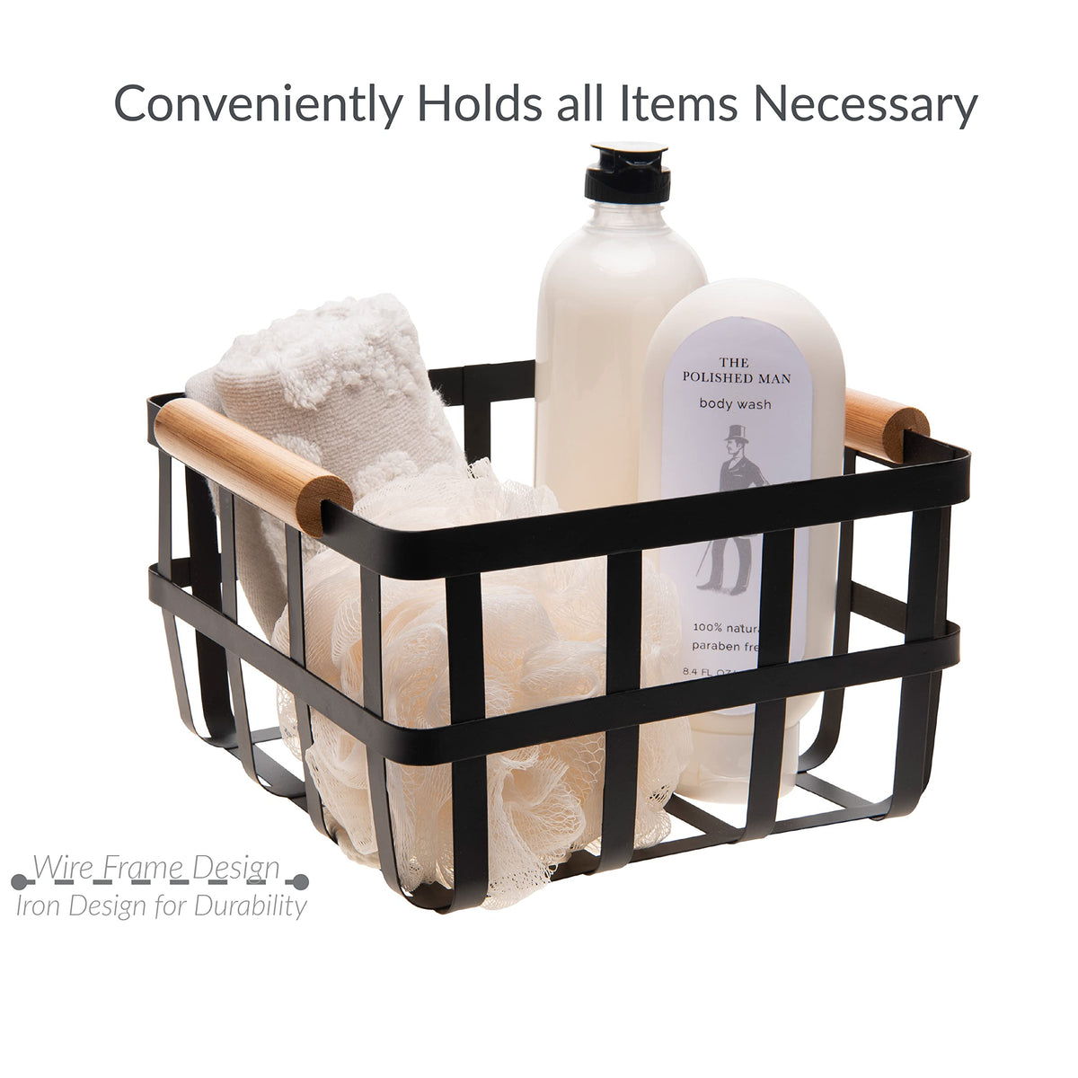 Simplify 4 Pack Square Metal Storage Basket with Bamboo Handles | Medium | Farmhouse Style Wire
