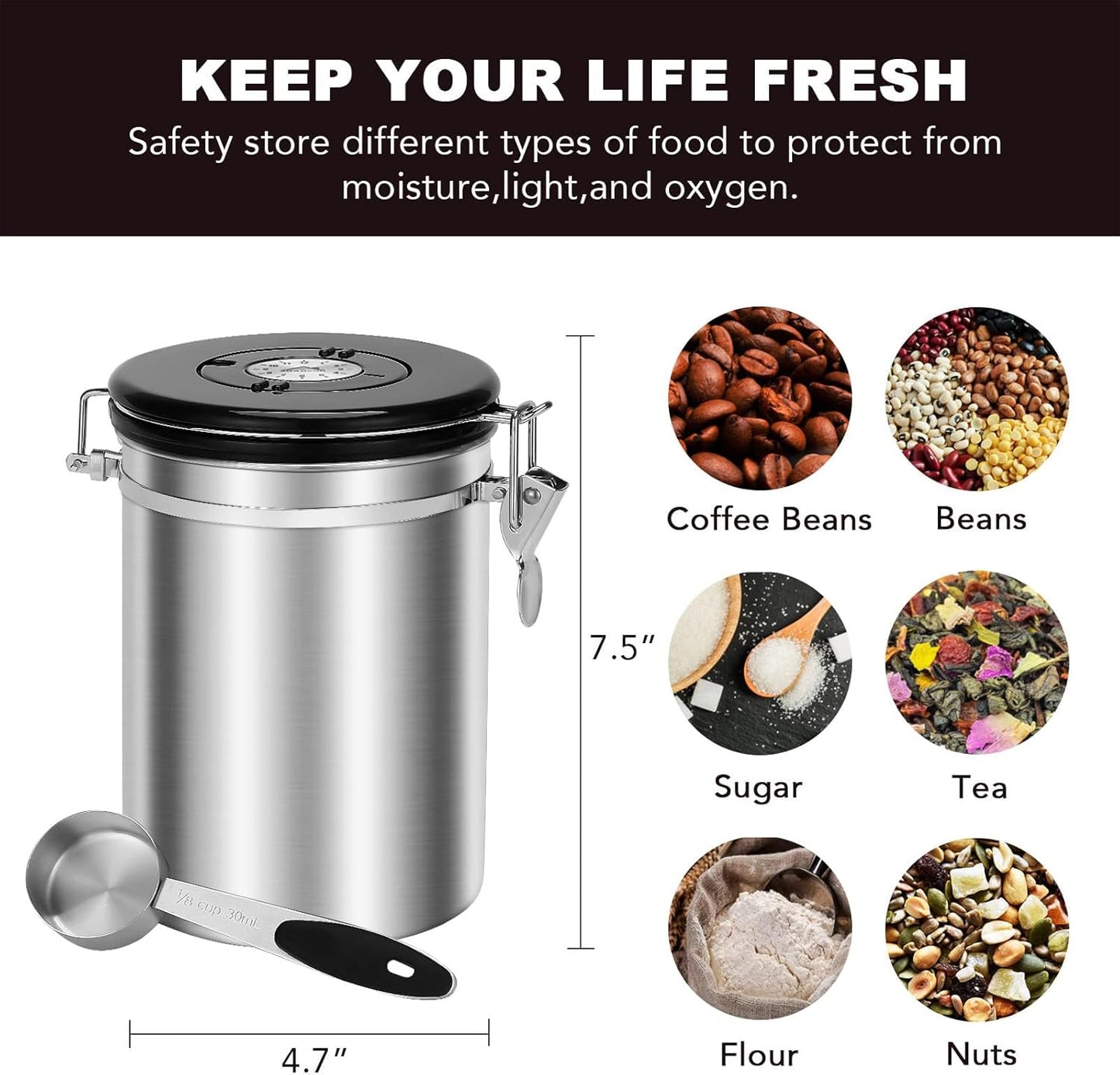 ShanSon Coffee Canister Airtight Stainless Steel Kitchen Food Storage Container with Date Tracker