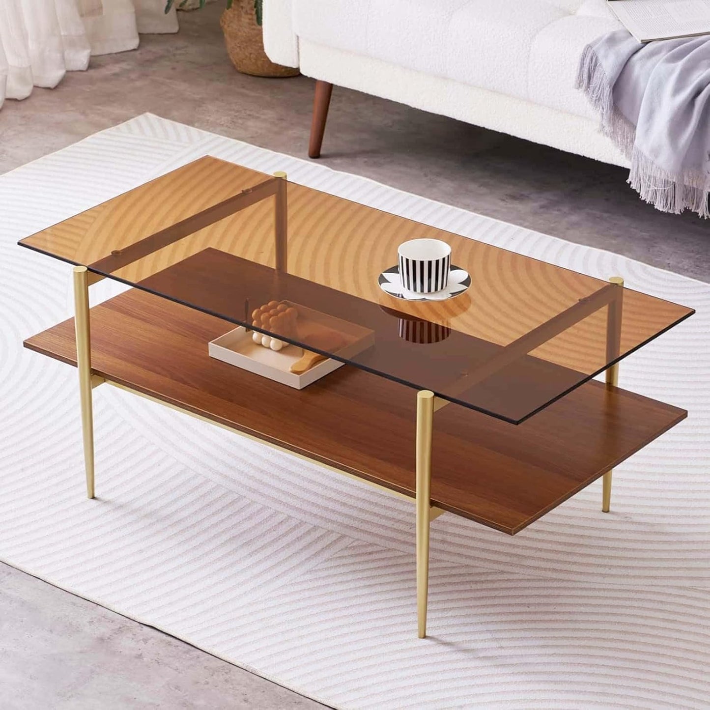 Rectangle Coffee Table, Mid-Century Modern Design, L41 W21 x H17, for Living Room, 2-Tier