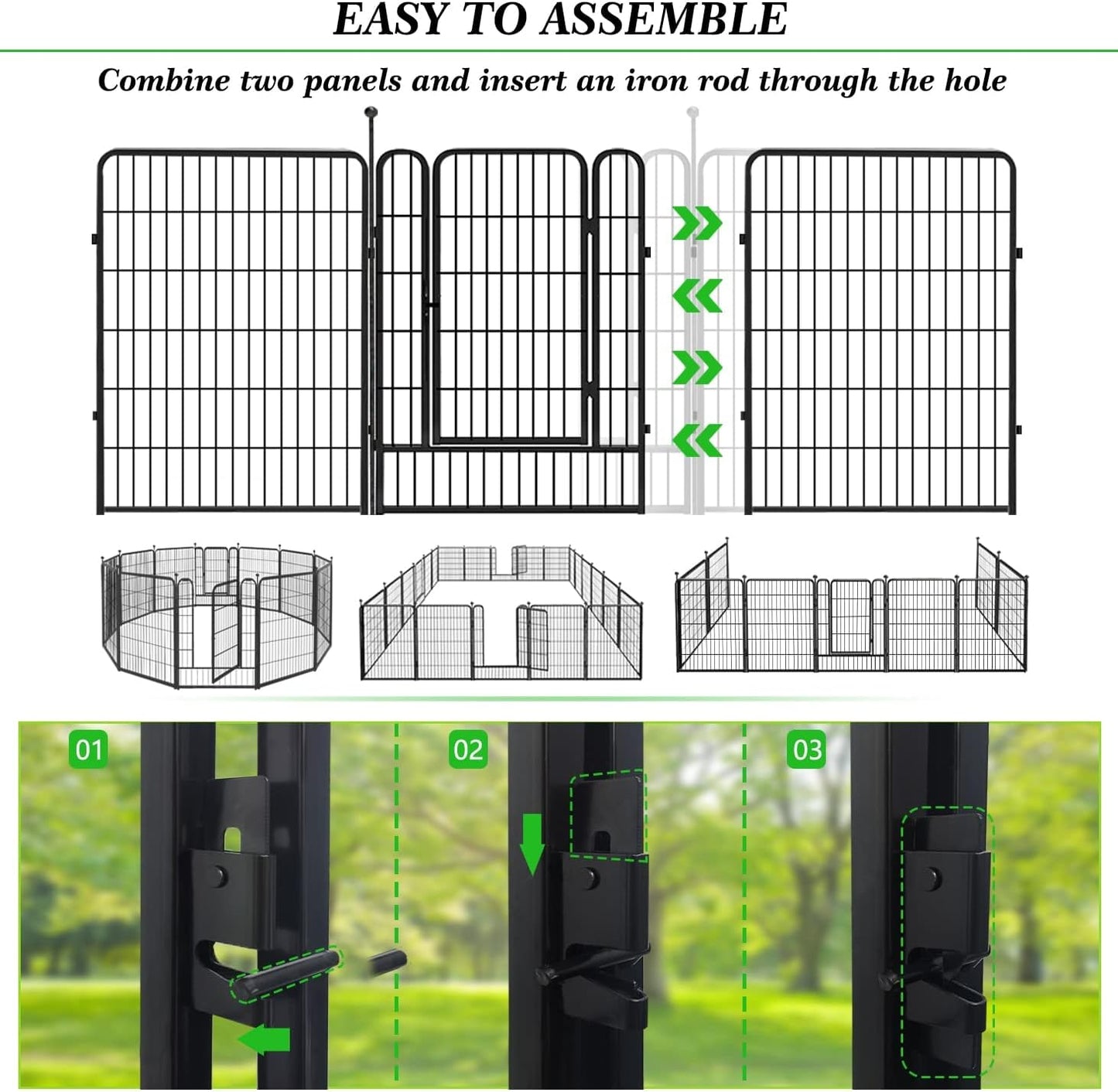 Decorative Black Metal Fencing Garden Fence with Gate, 54ft(L) 40in(H) 24 Fence Panels No Dig Fence