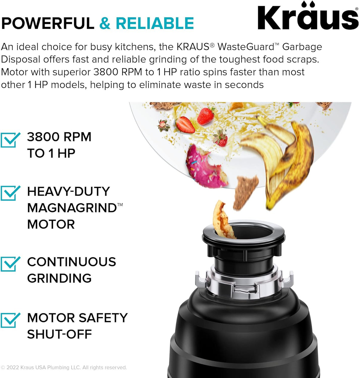 KRAUS WasteGuard 1 HP Ultra-Quiet Garbage Disposal with Quick Connect, Kitchen Sink Drain Cover