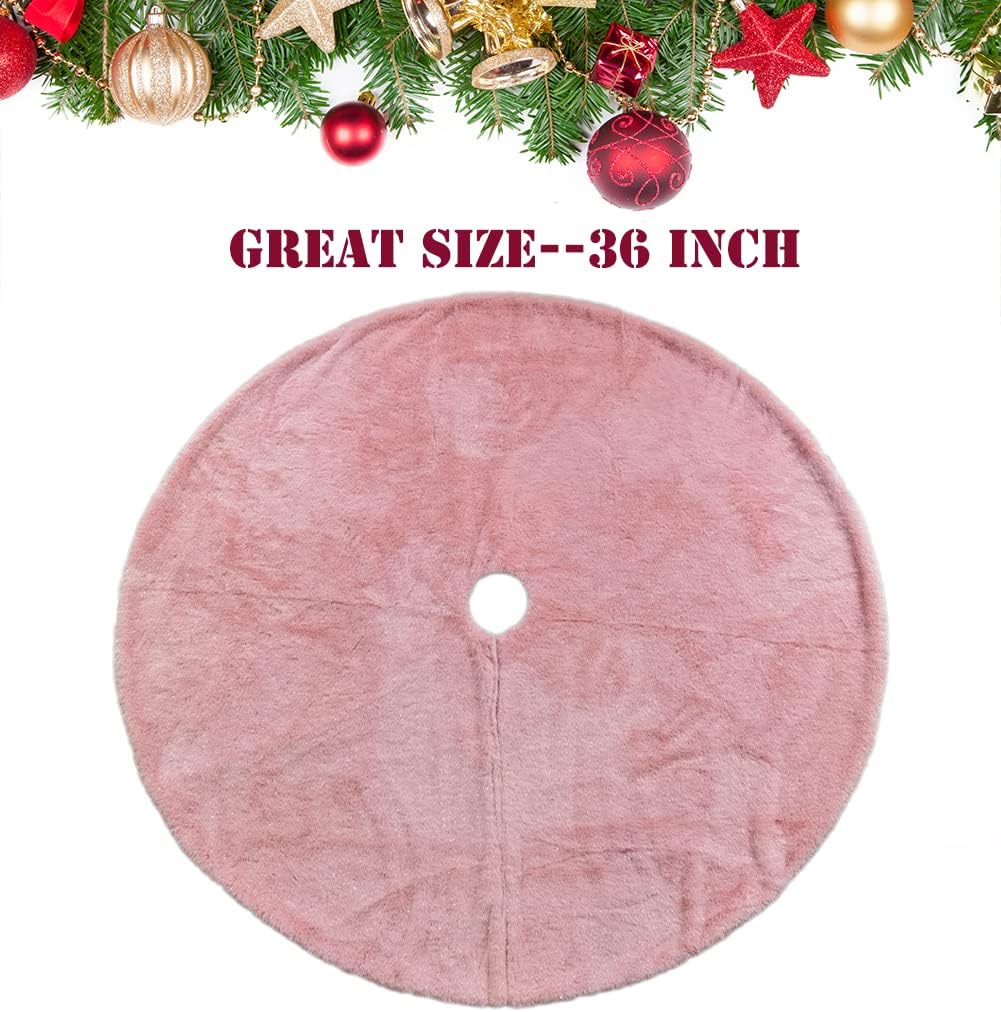 AOGU 36 Inch Faux Fur Christmas Tree Skirt Pink Shiny Plush Skirt for Merry Christmas Party