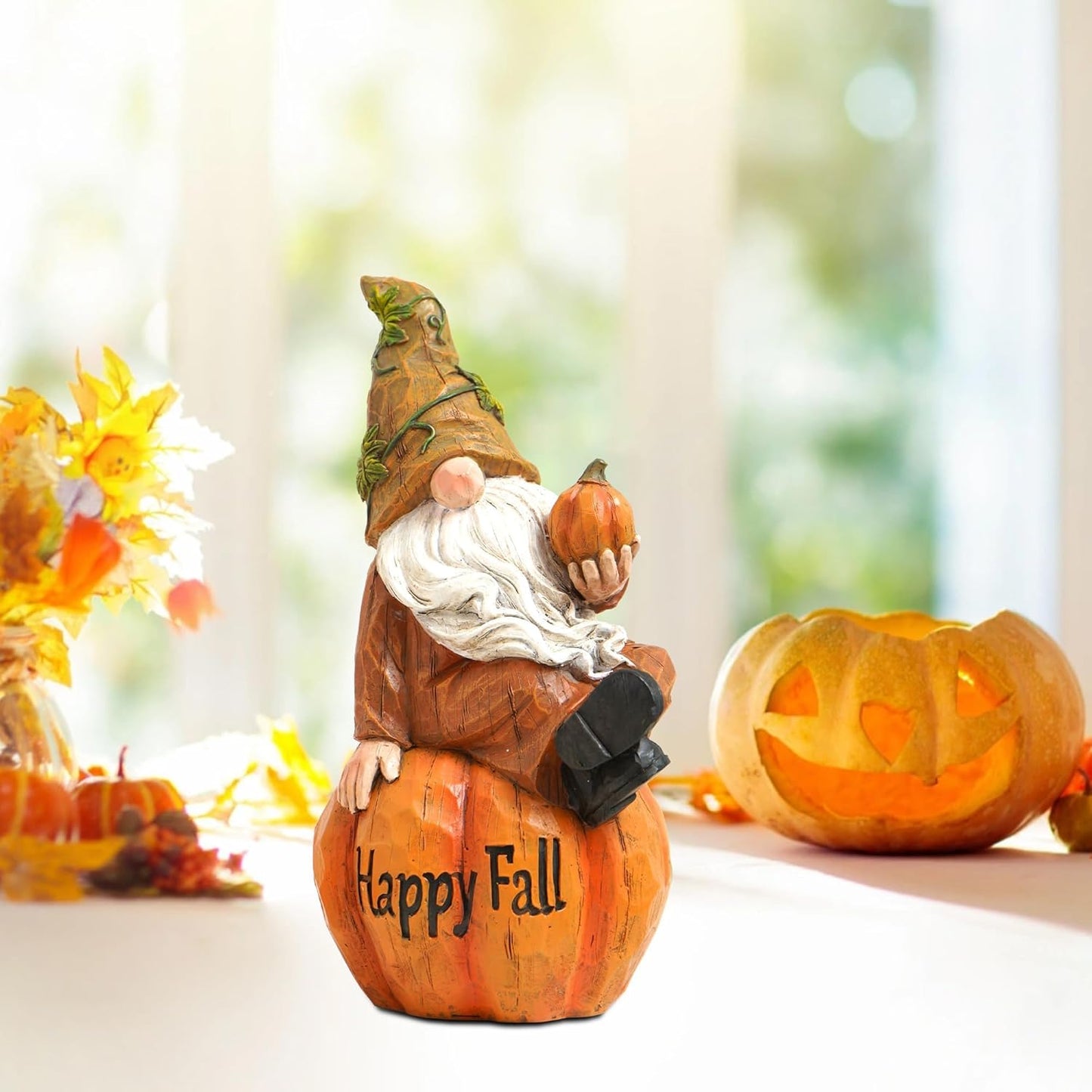 Topadorn Fall Garden Gnome Figurine Sitting on Pumpkin Statue Autumn Harvest Garden Gnomes Statue