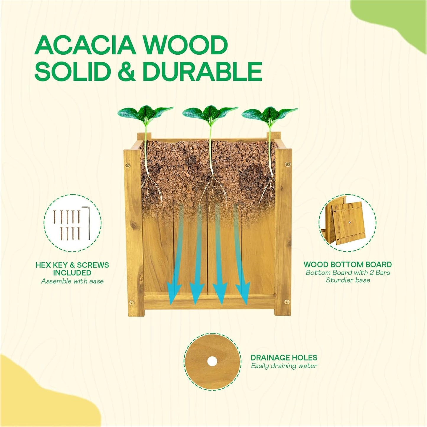 IDZO Set of 2 Acacia Wood Flower Planters for Outdoor Plants, Ergonomic Handles, Drainage Holes