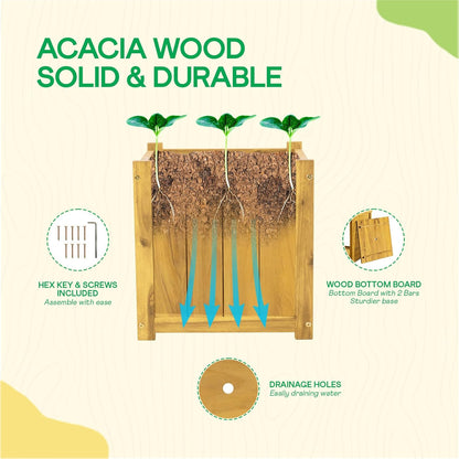 IDZO Set of 2 Acacia Wood Flower Planters for Outdoor Plants, Ergonomic Handles, Drainage Holes