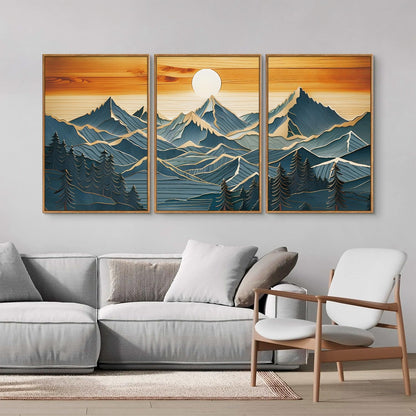 Tinonedraw Vintage Mountain Framed Canvas Wall Art Set of 3, Boho Nature Wilderness Art Prints, Mid