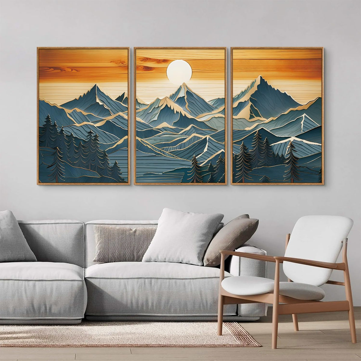 Tinonedraw Metal Mountain Framed Canvas Wall Art, Boho Mountains Artworks, Mid Century Modern Blue
