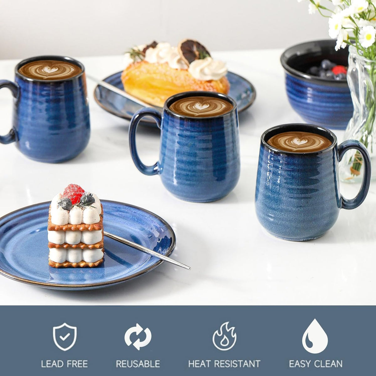 Hasense Coffee Mugs Set of 6, 12 Ounce Coffee Cups Set with Handle, Ceramic Tea Mugs for Kitchen