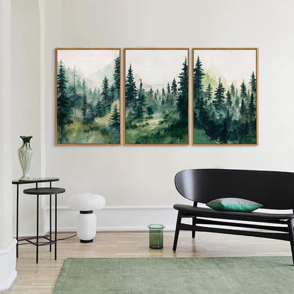 Tinonedraw Misty Forest Framed Canvas Wall Art Set, Modern Pine Trees Wall Painting, Watercolor